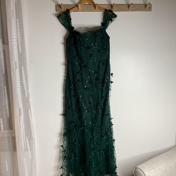 Dessy Collection Off-Shoulder A-Line 3D Floral Embroidered Evergreen Maxi Dress - Picture 3 of 11